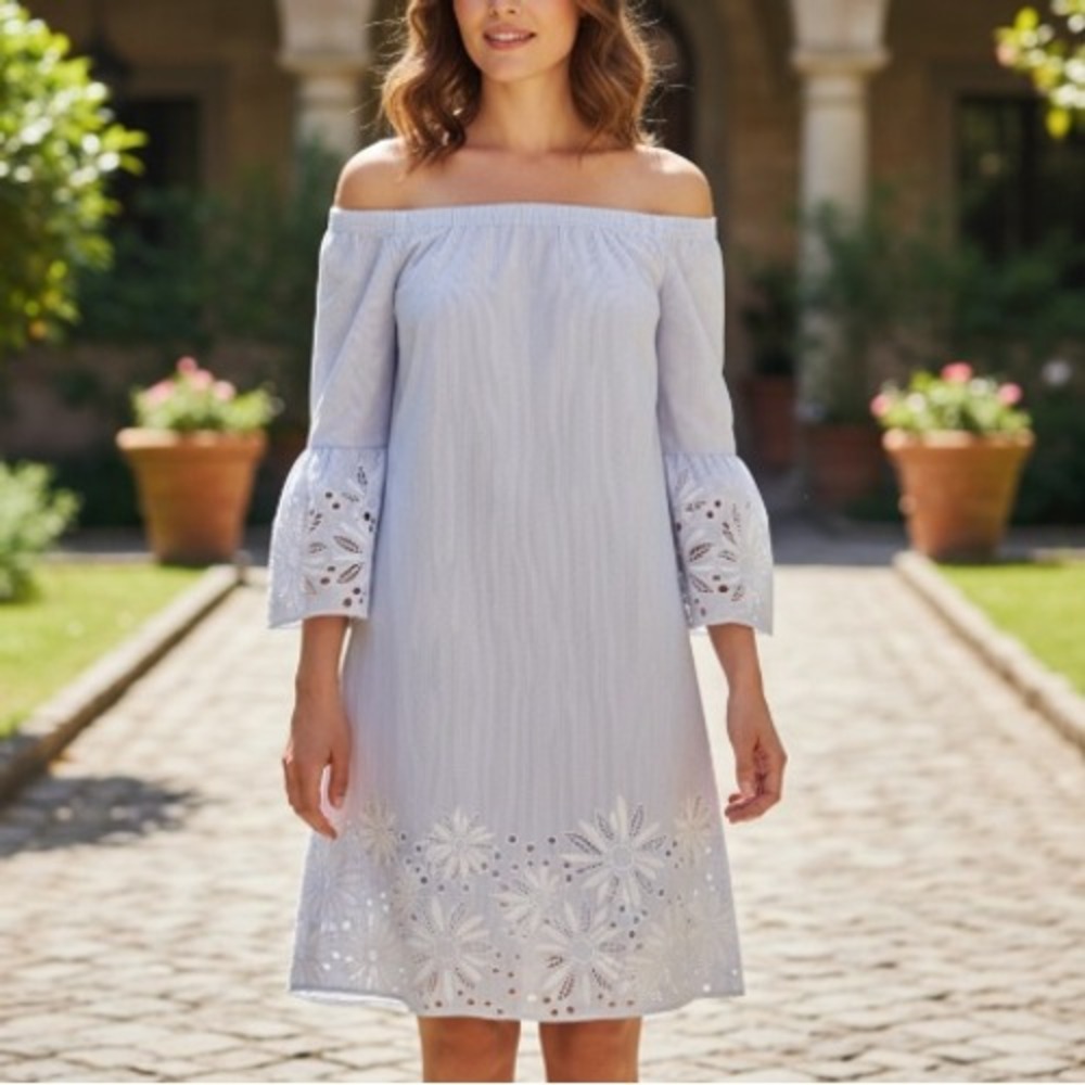 Lafayette 148 Palmira Striped Off Shoulder‎ Dress Floral Embroidered Boho Size L